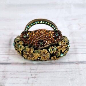 Ornate Trinket Box Jeweled Enamel Flower Design Magnet Lid